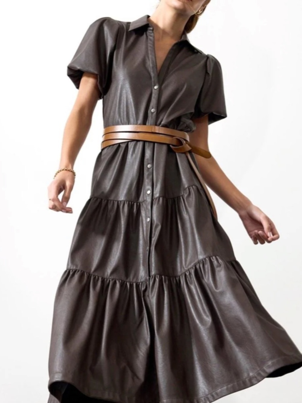 Brochu Walker The Havana Timber Vegan Leather Tiered V-Neck Midi Dress – Size M